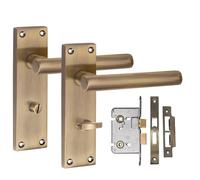 Golden Grace Victorian Straight T-Bar Bathroom Handles, Antique Brass | Includes 2.5 inch mortise lock, spindle, and matching screws for fast installation, featuring a warm antique brass finish.