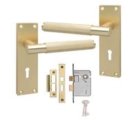 Golden Grace Victorian T-Bar Knurled Lock Door Handle with 2.5" 3 Lever Lock Satin Brushed Brass Finish 150mm x 40mm