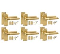 Golden Grace Victorian T-Bar Latch Door Handles, Satin Brass, 6 Sets | Includes ball bearing hinges, spindle and screws. Strong zinc alloy build with classic plain edge 120mm x 40mm backplate.