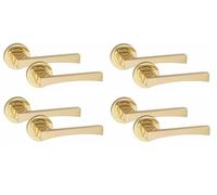 Golden Grace Wave Design Door Handles Latch on Round Rose in Electro Brass Finish, 4 Sets - 52mm Diameter
