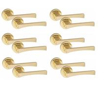Golden Grace Wave Design Door Handles Latch on Round Rose in Electro Brass Finish, 6 Sets - 52mm Diameter
