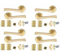 Golden Grace Wave Design Door Handles Latch on Round Rose in Electro Brass Finish with 2.5" Tubular Latch & 3" Standard Butt Hinges - 4 Pairs - 52mm Diameter