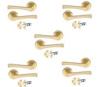 Golden Grace Wave Design Door Handles on Round Rose in Electro Brass Finish with 2.5" Tubular Latch, 5 Pairs - 52mm Diameter