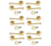 Golden Grace Wave Design Door Handles on Round Rose in Electro Brass Finish with 2.5" Tubular Latch, 6 Pairs - 52mm Diameter