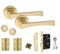 Golden Grace Wave Design Key Lock Door Handles Set on Round Rose in Electro Brass Finish with 64mm 3 Lever Mortise Lock, 3" Ball Bearing Hinges & Key Hole