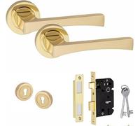 Golden Grace Wave Electro Brass Finish Key Lock Internal Door Handle Set With 64mm 3 Lever Mortise Lock And Key Hole On Round Rose