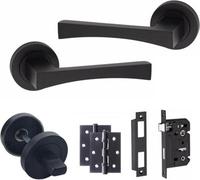 Golden Grace Wave Handle Matt Black Bathroom Internal Door Handle Set With 64mm Bathroom Lock Hinges And Thumbturn On Round Ros