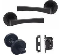 Golden Grace Wave Handle Matt Black Bathroom Internal Door Handle Set With 64mm Bathroom Mortise Lock And Thumbturn On Round Rose