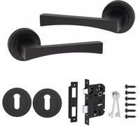 Golden Grace Wave Key Lock Internal Door Handle Set On Round Rose In Matt Black Finish With 64mm 3 Lever Mortise Lock & Key Hole
