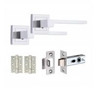 Golden Grace Zeta Premium Design Door Handles on Square Rose in Polished Chrome Finish with 2.5" Latch & 1 Pair of Ball Bearing Hinges - 1 Pair