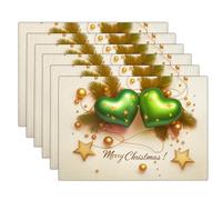 Golden Green Heart-Shaped Words Christmas Art Christmas Placemats Set Of 6,30 X 45Cm Seasonal Winter Merry Xmas Holiday Vintage Washable Linen Table Mats