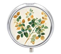 Golden Green Plant Branches Pill Box Case 3 Compartment Travel Medicine Pill Organizer 3x A Day Portable Vitamin Organizer with Mirror Small Pillbox for Purse & Pocket Cute Daily Medicine Container Me