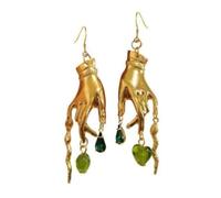 Golden Hand-Shaped Dangle Earrings with Green Gemstone Charm Unique Boho Art Jewelry for Women, Statement Fashion Accessories, Vintage Inspired Drop Earrings