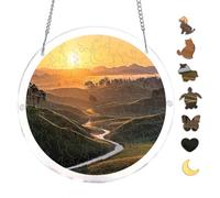 Golden Hills Sunset Field Landscape Acrylic Round Puzzle 7.8x7.8Inch Hanging Decor