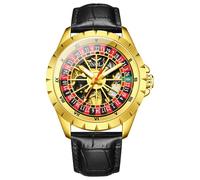 Golden Hollow Skeleton Roulette Wheel Automatic Mechanical Watch for Men Swinging Rotary Dial Unique Watches Genuine Leather Strap Waterproof Luxury Wristwatch
