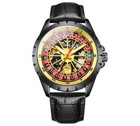 Golden Hollow Skeleton Roulette Wheel Automatic Mechanical Watch for Men Swinging Rotary Dial Unique Watches Genuine Leather Strap Waterproof Luxury Wristwatch