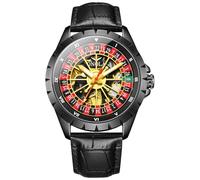 Golden Hollow Skeleton Roulette Wheel Automatic Mechanical Watch for Men Swinging Rotary Dial Unique Watches Genuine Leather Strap Waterproof Luxury Wristwatch