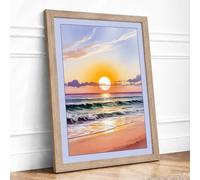 Golden Hour at the Shore Coastal Framed Wall Art Print A2 (59.4×42cm) Oak, Wall Decor for Living Room, Bedroom, Office & Home, Ready to Hang, Art Gift