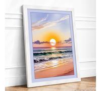 Golden Hour at the Shore Coastal Framed Wall Art Print A3 White