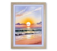Golden Hour at the Shore Coastal Framed Wall Art Print A4 (29.7×21cm) Oak, Wall Decor for Living Room, Bedroom, Office & Home, Ready to Hang, Art Gift