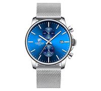 GOLDEN HOUR Men’s Watch Fashion Sleek Minimalist Quartz Analog Mesh Stainless Steel Waterproof Chronograph Watches, Auto Date in Silver Hands, Color: Silver Blue