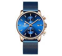 GOLDEN HOUR Men’s Watch Fashion Sleek Minimalist Quartz Analog Mesh Stainless Steel Waterproof Chronograph Watches, Auto Date in Gold Hands, Color: Rose Gold Tone Blue