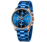 GOLDEN HOUR Men's Watches with Blue-Plated Stainless Steel and Metal Casual Waterproof Chronograph Quartz Watch, Auto Date in Rose Gold Hands