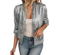 Golden Jacket Women's Metallic Shiny Bomber Jacket Short Blouson Jacket with Zip Long Sleeve Leopard Print Coat Lightweight Sweat Jacket Casual Transition Jacket Zip Up Autumn Jacket, Sl1, XXL