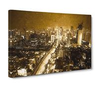 Golden Jakarta Skyline In Abstract Modern Art Canvas Wall Art Print Ready to Hang, Framed Picture for Living Room Bedroom Home Office Décor, 30x20 Inch (76x50 cm)