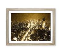 Golden Jakarta Skyline In Abstract Modern Art Framed Wall Art Print, Ready to Hang Picture for Living Room Bedroom Home Office Décor, Oak A4 (34 x 25 cm)