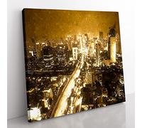 Golden Jakarta Skyline in Abstract Modern Canvas Wall Art Print Ready to Hang, Framed Picture for Living Room Bedroom Home Office Décor, 50x50 cm (20x20 Inch)