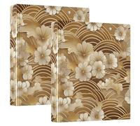 Golden Japanese Vintage Flowers 1 and A Half Inch Notebook Binders 3 Ringed with Interior Pockets Pack of 1/2 Office Supplies 200 Sheets