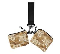 Golden Japanese Vintage Flowers Dual Coin Purse Credit Card Holder Wallet Minimalist Business Card Holder with Keychain for Ladies 2 Packs