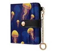 Golden Jellyfish Blue Pattern Small Women Wallet Bifold PU Leather RFID Blocking Compact Card Holder with Coin Pocket Zipper Purse for Ladies Girls Women