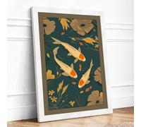 Golden Koi and Lotus Japandi Framed Wall Art Print A3 (42×29.7cm) White, Wall Decor for Living Room, Bedroom, Office & Home, Ready to Hang, Art Gift