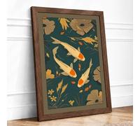 Golden Koi and Lotus Japandi Framed Wall Art Print A4 (29.7×21cm) Walnut, Wall Decor for Living Room, Bedroom, Office & Home, Ready to Hang, Art Gift
