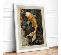 Golden Koi in Patterns Japandi Framed Wall Art Print A3 (42×29.7cm) White, Wall Decor for Living Room, Bedroom, Office & Home, Ready to Hang, Art Gift