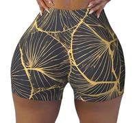 Golden Leaf Print Women's High Waist Workout Shorts - for Sports Athletic Yoga Biker Running Gym Stretch Shorts, Black, XL
