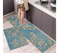 Golden Leaves Branches Kitchen Rug Set 2 Pieces Non Slip and Anti Fatigue Mat Set Washable Elegant Understated Luxury Style Kitchen Floor Mat, Blue Standing Mats for Office Home Decor 45x75cm+45x150cm