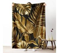 Golden Leaves Fleece Throw Blanket, Monstera Palm Couch Blanket 50"x60" Soft, Tropical Jungle Plant Blankets for Bed Warm Lightweight Cozy Bedding Blanket for Winter Fall Spring Summer