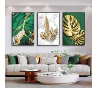 Golden Leaves Monstera Wall Art Canvas Painting Abstract Green Marble Texture Gold Foil Artwork Poster Prints for Home Decor 40x60cmx3 No frame