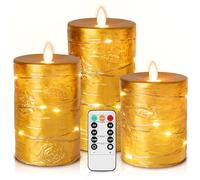 Golden LED Candle, Battery Candle with Recessed String Light, Da by 3 Piece Flameless Candle with 11 Keys Remote Control, 24 Hour Timer Function, Dancing Flame, Real Wax (Without Battery).
