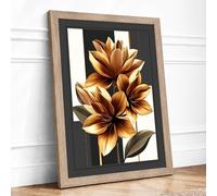Golden Lotus Blooms Botanical Framed Wall Art Print A1 (84.1×59.4cm) Oak, Wall Decor for Living Room, Bedroom, Office & Home, Ready to Hang, Art Gift