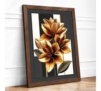 Golden Lotus Blooms Botanical Framed Wall Art Print A2 (59.4×42cm) Walnut, Wall Decor for Living Room, Bedroom, Office & Home, Ready to Hang, Art Gift