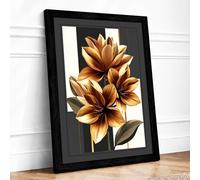 Golden Lotus Blooms Botanical Framed Wall Art Print A3 (42×29.7cm) Black, Wall Decor for Living Room, Bedroom, Office & Home, Ready to Hang, Art Gift