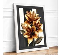 Golden Lotus Blooms Botanical Framed Wall Art Print A4 (29.7×21cm) White, Wall Decor for Living Room, Bedroom, Office & Home, Ready to Hang, Art Gift