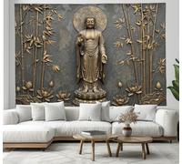Golden Lotus Flower Figure Sculpture Tapestry Wall Hanging, Eastern Zen Style Tapestry for Bedroom Aesthetic, Gray Tapestries Wall Art for College Dorm Throws Table Cloth Bedding Tapestry, 230x180cm