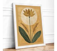 Golden Lotus Moon Botanical Framed Wall Art Print A4 (29.7×21cm) White, Wall Decor for Living Room, Bedroom, Office & Home, Ready to Hang, Art Gift
