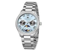GOLDEN MAPLE Luxury Two-Tone Watch, Crystal Bezel, Moon Phase Dial, Roman Numerals, Silver and Gold Stainless Steel Band, Blue, Luxury