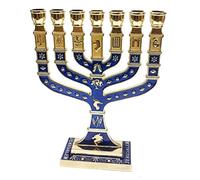 Golden Menorah 7 Branch 12 Tribes Of Israel Jerusalem Menora Blue Enamel 4.7"